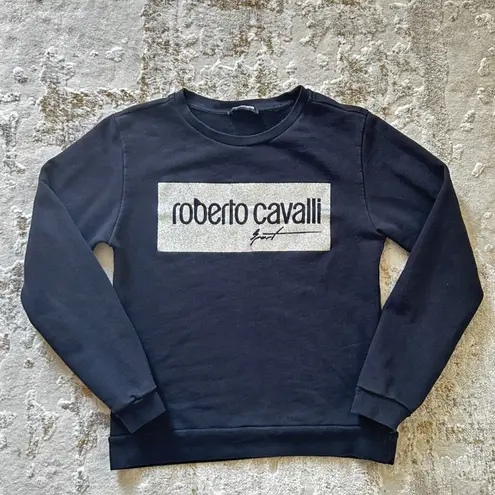 Roberto Cavalli Roberto Cavalli Sport Metallic Logo Pullover Crew Neck Black Sweatshirt- XS