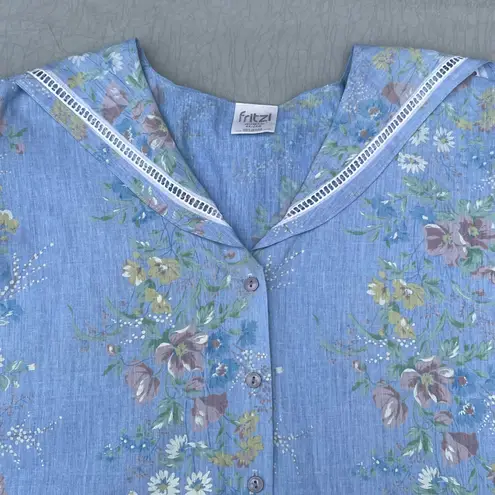 Vintage 80s Floral Blue Button Up Blouse Size 24W