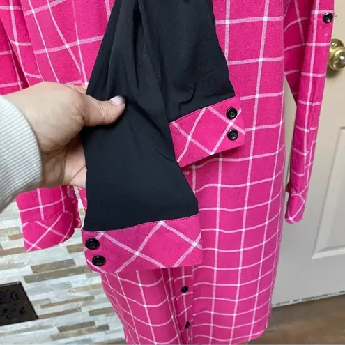 PUANLI Women's pink window pain plaid button down shirt tunic cat graphic XL