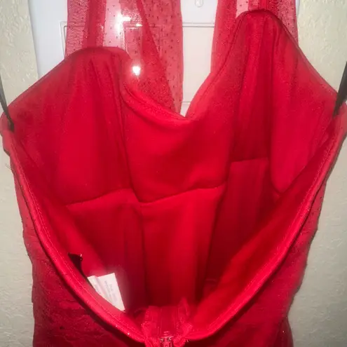 Josh & Jazz 9/10 Red Halter Tulle Neck Straps Glitter & Lace MIDI Formal Dress