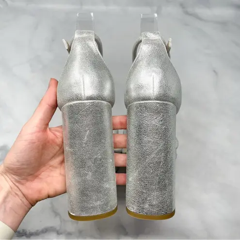 NEW Pelle Moda Gilian Metallic Leather Platform Flared Block Heel Sandals Glam 9 Silver