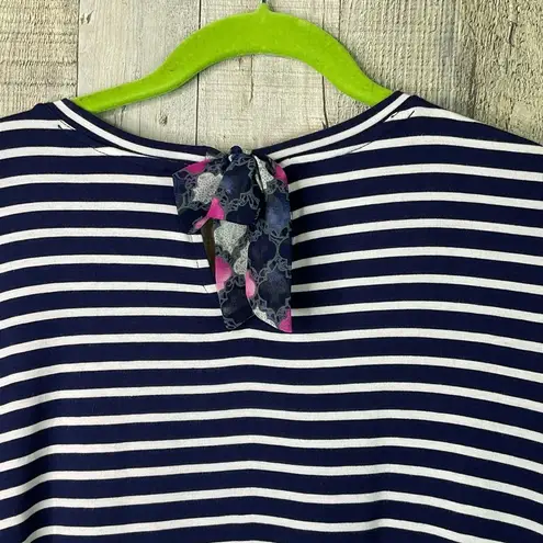 Maison Jules Large Navy Blue White Stripes Short Sleeve Back Tie Keyhole Shirt