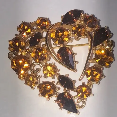 M. Jent Vintage Gold Tone and Amber Heart Brooch
