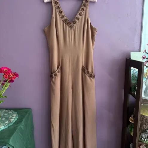Wild Rose Vintage Warm Brown Wide-Leg Rayon Jumpsuit Boho Chic Coastal Cowgirl