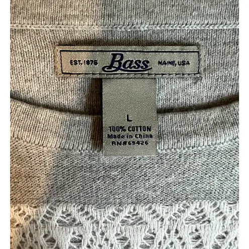 Bass Womens Pullover Sweater Size L Gray White Lace Stripe Long Sleeve Cotton Size L