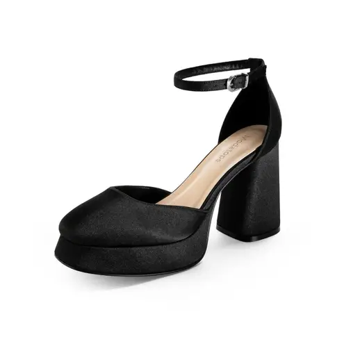Modatope Women’s Black Satin Platform Chunky Block Heel Platform Pump Size 8