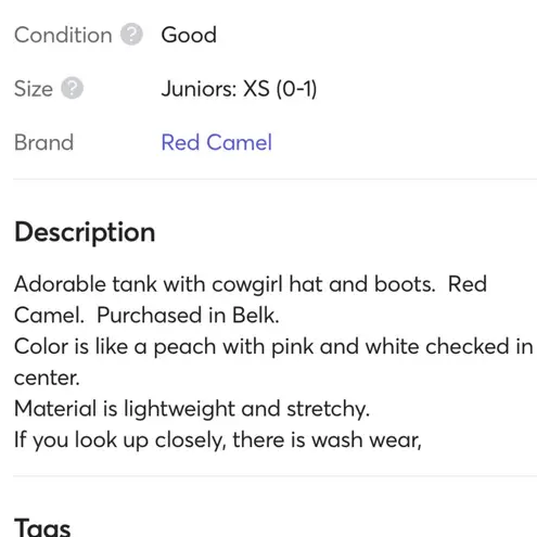 Red Camel Country Cowgirl Tank Top  Western Shirt Womens XS