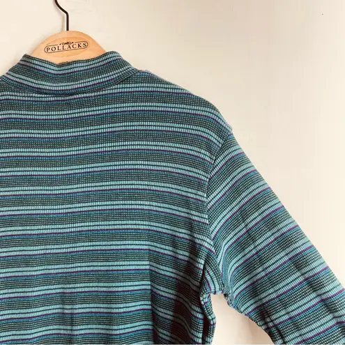 Ribbed Mock Neck Striped Long Sleeve Top – Green Retro Y2K Style Blue Size L