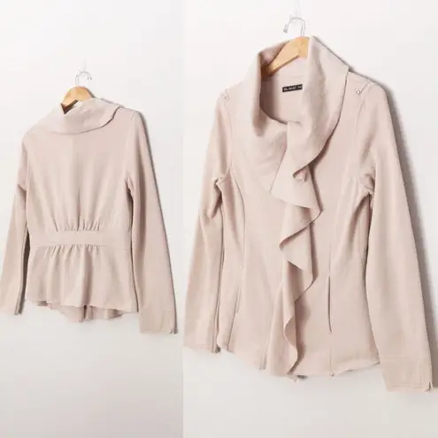 Blanc Noir Taupe Beige Asymmetric Ruffle Zip Up Soft Cozy Fleece Biker Jacket S