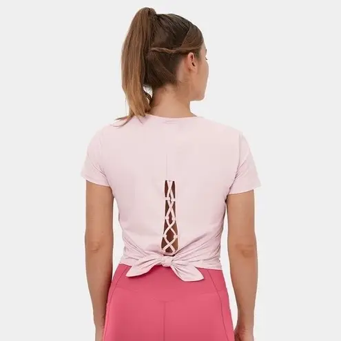 Halara  size S Pink Round Neck Short Sleeve Crisscross Split Tie Back Sports Top