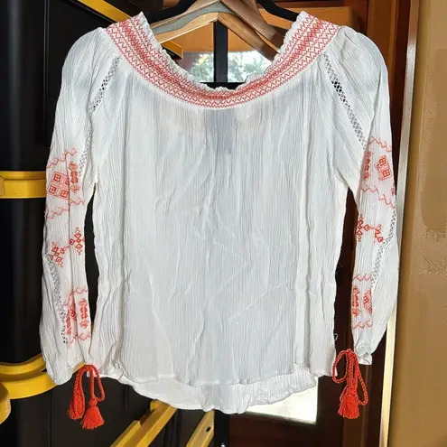 Wrangler  WOMEN'S EMBROIDERED TASSEL OFF SHOULDER TOP WHITE ORANGE SIZE MEDIUM