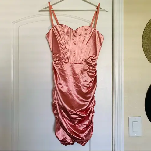 NWT LINJOU Rose Pink Satin/Silk Sweetheart Corset Ruched Wrap Bodycon Dress | L Size L