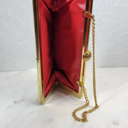 VINTAGE Lame Clutch 9.5" Gold Chain Metal Clasp Retro Evening Handbag Purse