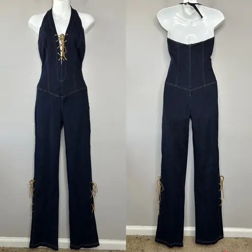 Cello  Authentic Jeans USA Vintage Halter Lace Up Flare Denim Jumpsuit