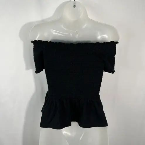 American Eagle Solid Black Smocked Stretch Peplum Hem Short Sleeve Top Medium M