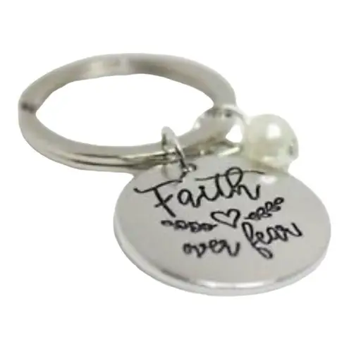 Brand New Boutique Hand Stamped .925 Faith Over Fear Silver Keychain White