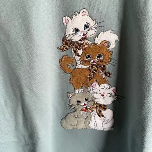 Green & White Crewneck Sweatshirt with Ribbed Trim Cat Appliqué Granny Womens L Size L