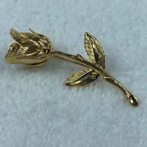 Gold Tone Long Stem Bud Rose Pin Brooch Leaves Stem Flower Vintage