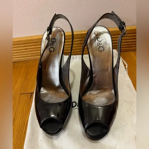 D&G Dolce & Gabbana Black Patent Leather Wedge Slingback Shoes 37 VINTAGE Y2K