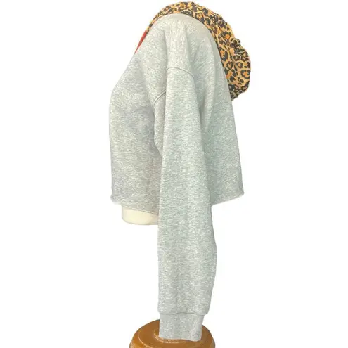 celestial Bodiez Gray Leopard Print Hooded Cropped Sweatshirt Size Medium Gray