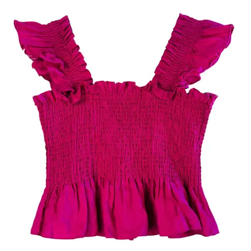 Hill House Home 100% Linen Smocked Ruffle Peplum Top M Hot Pink Fuchsia Coquette Size M