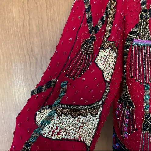 Laurence Kazar Vintage Silk Beaded Jacket Red Size Small 80s Funky Art to Wear