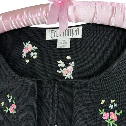 Vintage 90's Cardigan M 100% Silk Knit Floral Embroidered Cottagecore Bow Tie Black Size M