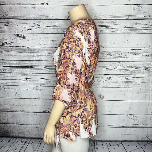 City Chic  Size M/18 White - Orange & Purple Printed True Wrap Blouse Top