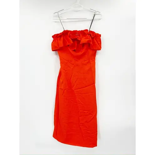 Monique Lhuillier ML Ruffled Faille Red Orange Strapless Midi Dress Size 6