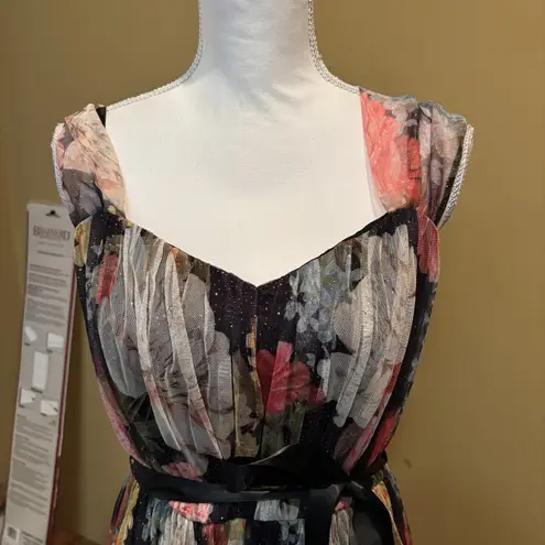 Candalite Women's Maxi Dress Large Black Floral Pleated Sheer Overlay Belted