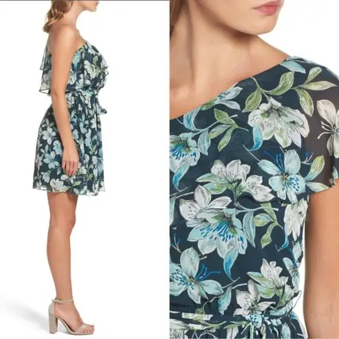 Eliza J Blue & Green Floral Ruffle One Shoulder Fit & Flare Mini Dress 14