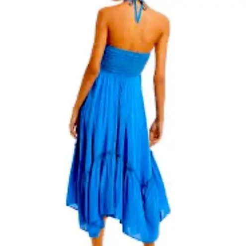 AQUA  Caribbean blue smocked bodice midi halter dress. Textured fabric.Size M NWT