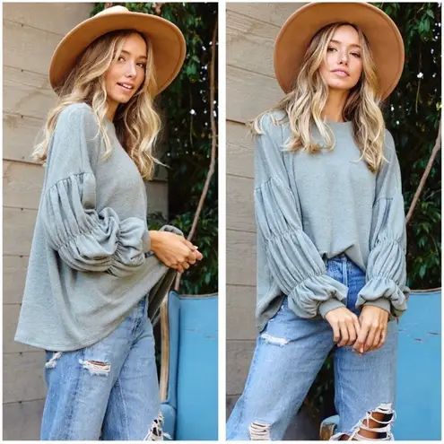 Women’s Boho Chic Wisteria Blue Shirred Long Sleeve Lantern Solid Knit Top Large Size undefined