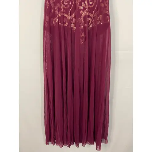 Elegant Burgundy Mesh Gown Gold Sequins Embellished Illusion Bodice Purple