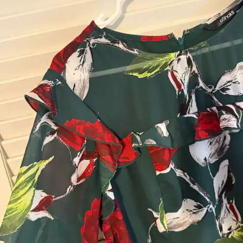 Eshakti Green Floral Fit & Flare Dress Ruffle Faux Leather Belt 1X Dark Romantic