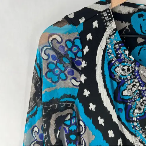 INC Teal Blue Black Sheer Mesh Geometric Print Beaded 3/4 Sleeve Top Size S