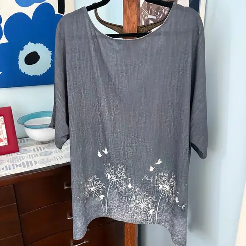 Oversized Dandelion Graphic Tunic XL, Boho Neutral Flowy Blouse Gray
