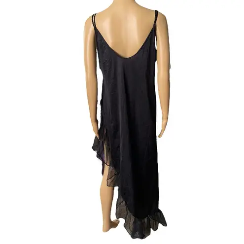 Lady Cameo Vintage 80s Plus Size Black Asymmetrical High Slit Ruffle Slip Dress