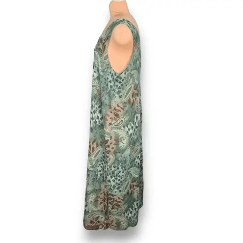 Vintage 90s Dress Green Floral Paisley Animal Print Sleeveless Grunge Maxi XL