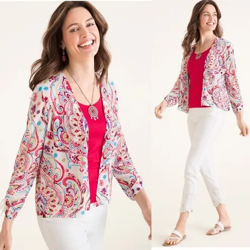 Chico's NWOT Chico’s Multi-Colored Printed Ruched-Sleeve Cardigan