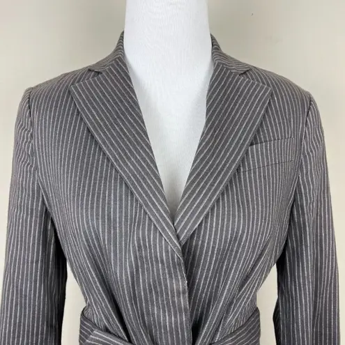 BCBGMAXAZRIA  Blazer Jacket Women S Gray Linen Pinstripe Belted Stretch Button Up