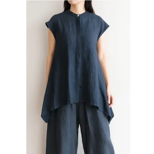 Bryn Walker 100% Linen Blue Asymmetrical Hem Button Front Tunic XXS Lagenlook