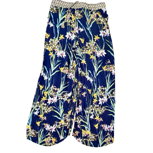 Trina Turk ‎ Fiji Print Blue Floral Pants LARGE Swim Coverup Tropical Hawaiian