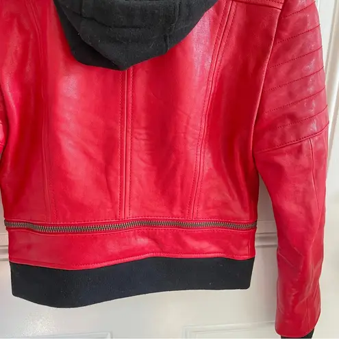 Alice + Olivia  Avril Red Leather Moto Jacket with Attached Hoodie