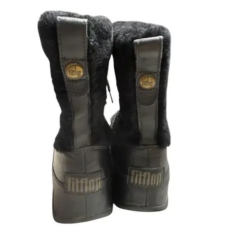 FitFlop Superblizz Black Faux Fur Snow Boots Winter Lace Up Cozy Warm