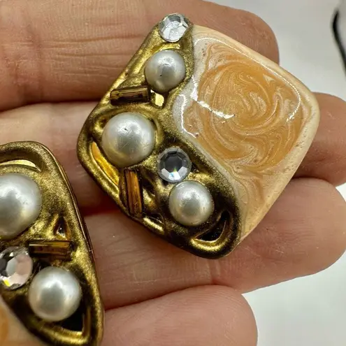 Square faux pearl rhinestone peach earrings Orange