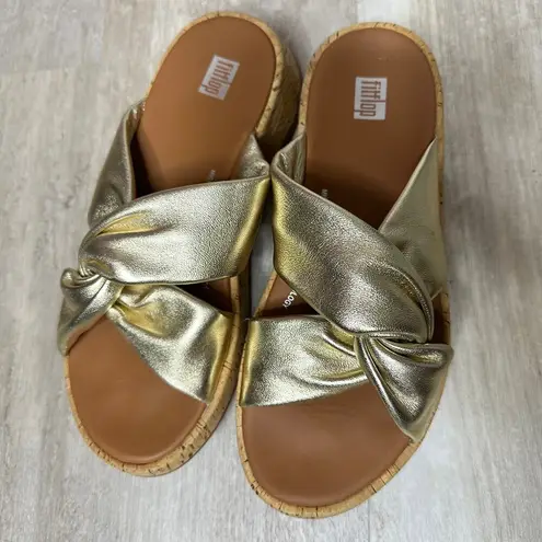 FitFlop F-MODE Metallic Leather-Twist Flatform Slides (Cork Wrap) in Gold Size 7