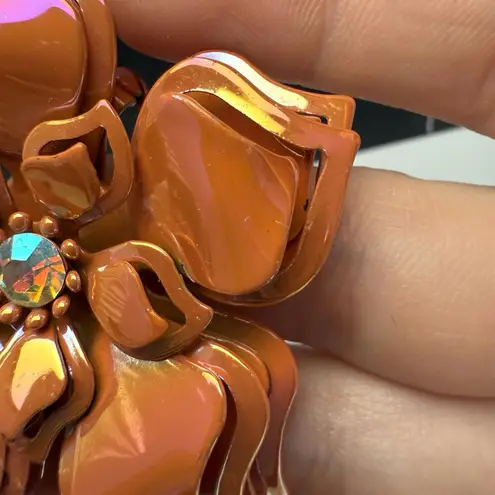 Retro Orange Enamel Metal Flower Brooch Pin AB Aurora Borealis Rhinestone