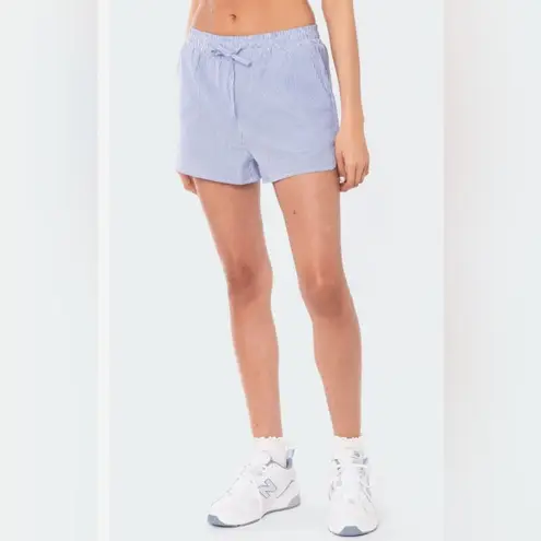 Edikted Mid-Rise Elastic Drawstring Waist Pinstripe Shorts Size XS Blue & White