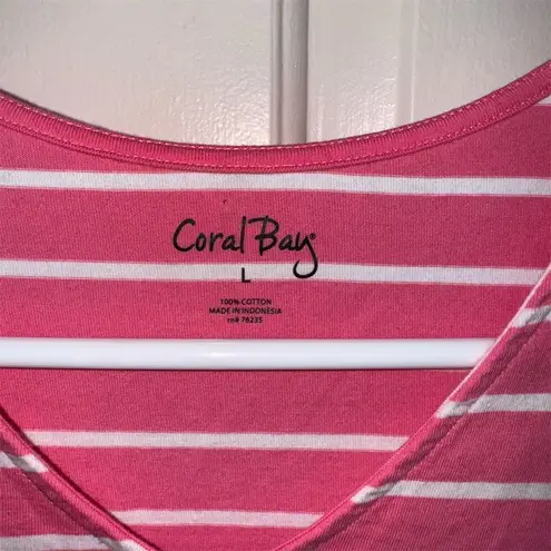 Coral Bay Women's 100% Cotton Pink Striped V-Neck Short Sleeve T-Shirt Size L